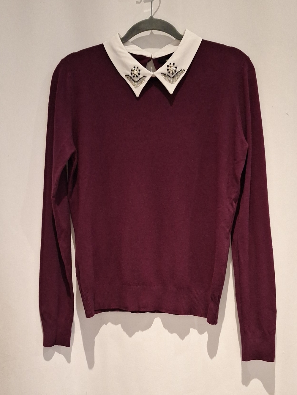 Milano Plum Knit Sweater with White Embellished Collar
